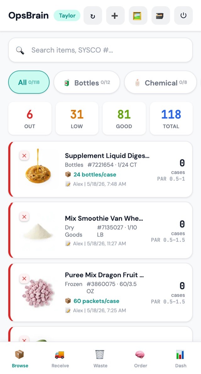 OpsBrain Inventory Browse grid: item photo cards for a supplement, a smoothie protein mix, and dragon-fruit puree with out/low/good status, case counts, and PAR levels.