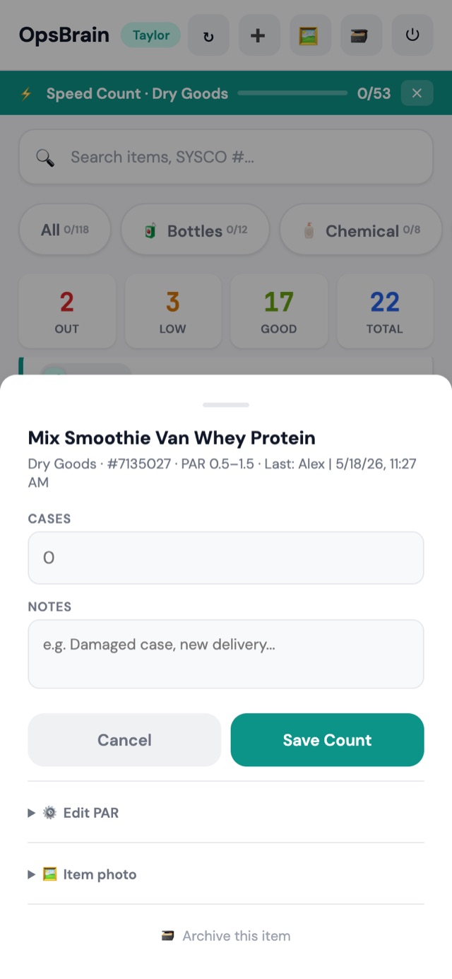 OpsBrain Inventory Speed Count: counting Dry Goods one item at a time with the count sheet open on a smoothie protein mix.