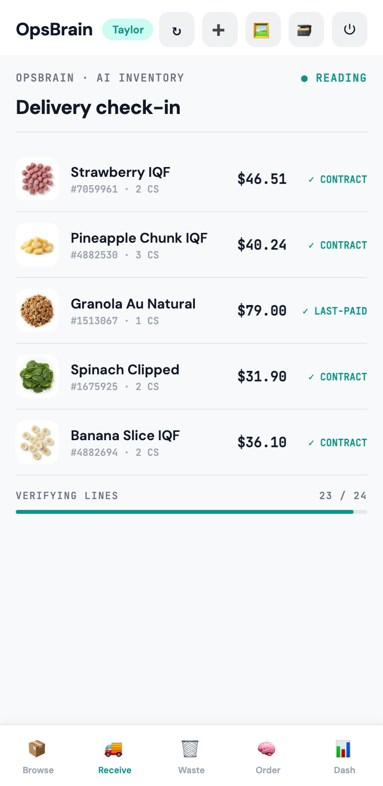 OpsBrain Inventory delivery check-in showing invoice lines verified against contract and last-paid price